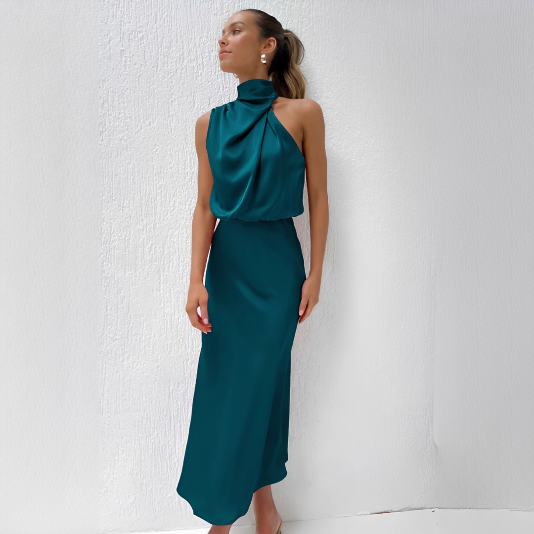 Aurivine - Elegante abito lungo in seta con scollo all'americana e vita sagomata | Fai colpo questa primavera e estate