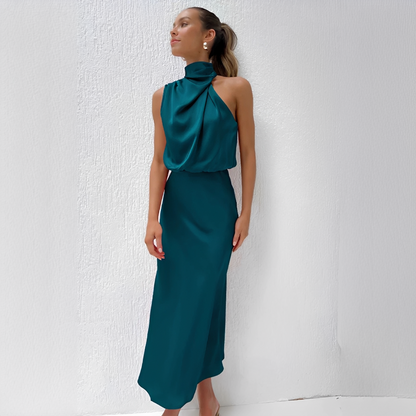 Aurivine - Elegante abito lungo in seta con scollo all'americana e vita sagomata | Fai colpo questa primavera e estate
