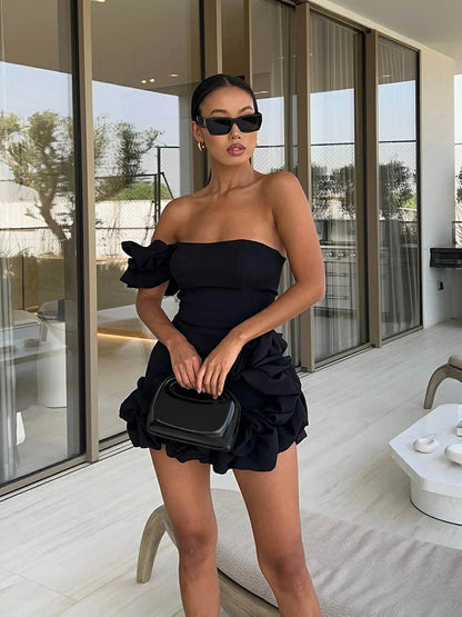 Kaelyne - Abito bustier asimmetrico con orlo a balze