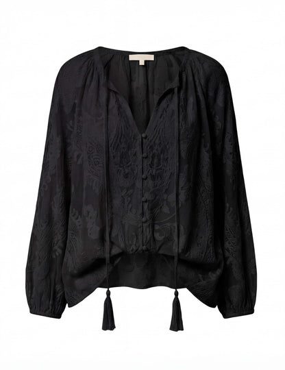 Blusa Boho con ricamo per donne – Blusa leggera a maniche lunghe con scollatura a V e frange