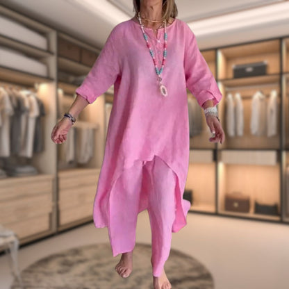 Ambrélya - Ensemble di Comfort Doppio per Donna: Abito Camicia con Maniche a Tre Quarti e Pantaloni Comodi Monocromatici