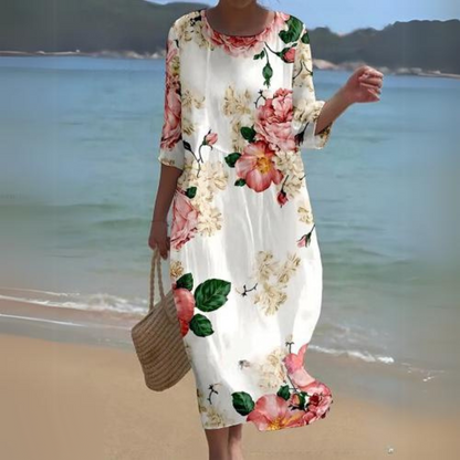 Briselle - Abito Maxy Elegante e Leggero con Stampa Floreale e Maniche a Tre Quarti
