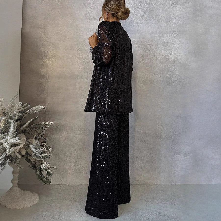 Set di Paillettes Brillanti per Donne – Elegante Due Pezzi con Pantaloni Larghi