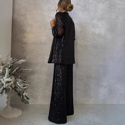 Set di Paillettes Brillanti per Donne – Elegante Due Pezzi con Pantaloni Larghi