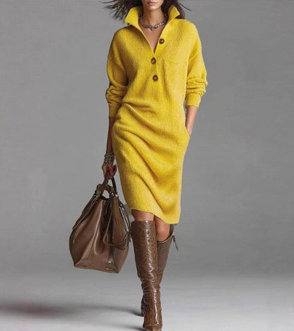Elva - Abito camicia midi in morbida e comoda lana per donne, alla moda, con maniche lunghe e colletto a bottoni, ideale per la primavera