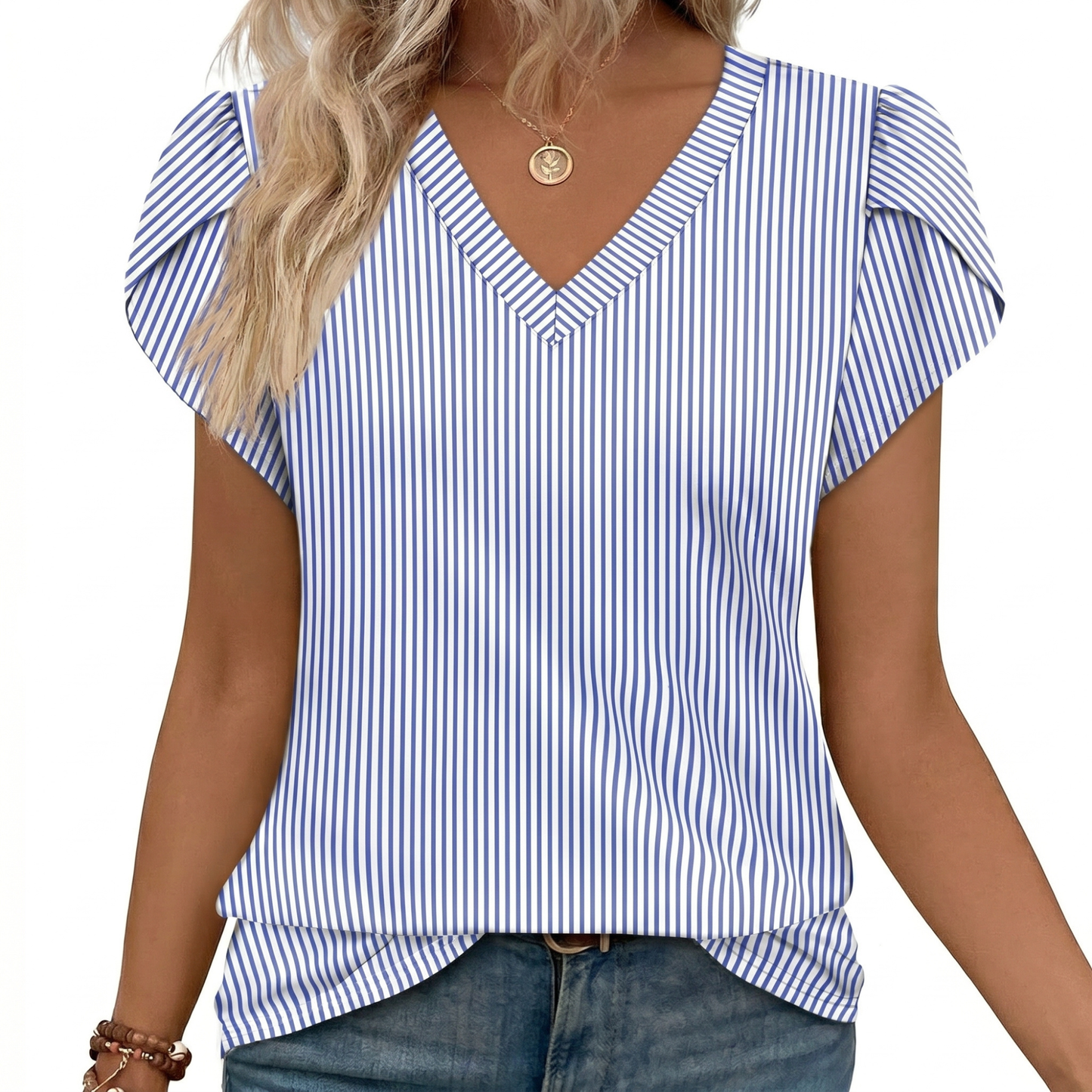 Blusa casual con scollo a V e maniche a volant per donne – Elegante top estivo