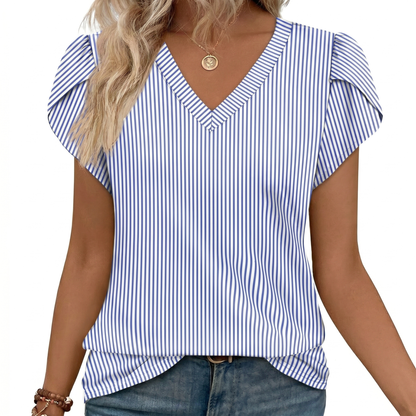 Blusa casual con scollo a V e maniche a volant per donne – Elegante top estivo
