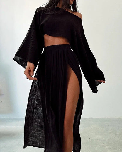 Alizenne - Completo estivo leggero ed elegante in lino per le vacanze, composto da un crop top a maniche lunghe con taglio ampio e una maxi gonna con doppio spacco laterale