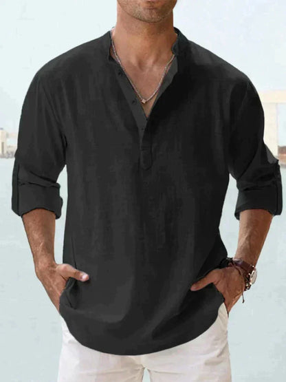 Camicia leggera in lino per uomo con colletto alto – Camicia a maniche lunghe traspirante per vita quotidiana e estate
