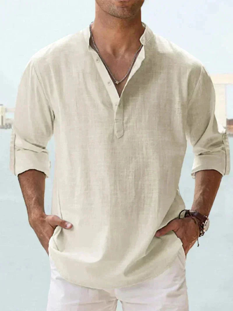 Camicia leggera in lino per uomo con colletto alto – Camicia a maniche lunghe traspirante per vita quotidiana e estate