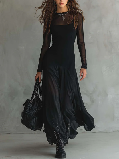 Chantal - Maxidress in tulle patchwork nero