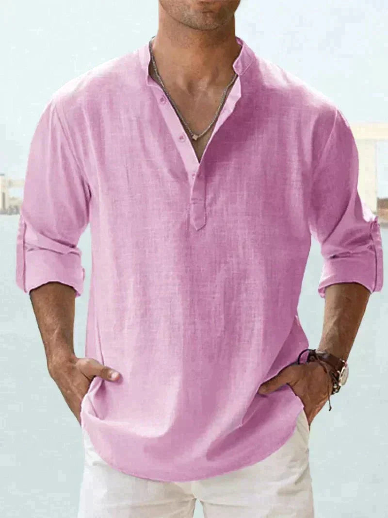 Camicia leggera in lino per uomo con colletto alto – Camicia a maniche lunghe traspirante per vita quotidiana e estate
