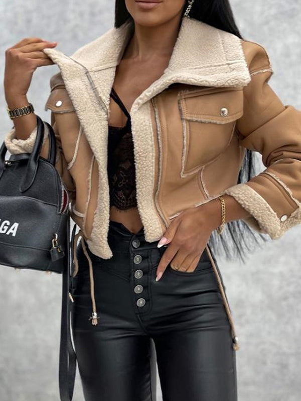 Aubrée - Giacca primaverile elegante e femminile in ecopelle con fodera in peluche, tasche con zip e colletto