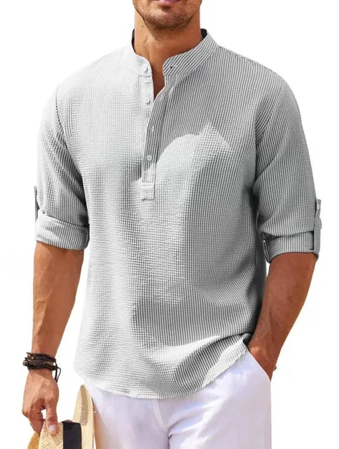 Camicia Henley con struttura a nido d'ape leggera per uomini – Camicia casual traspirante con colletto alto