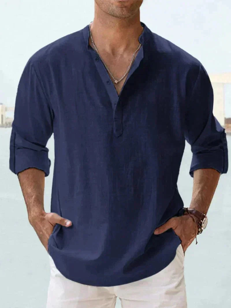 Camicia leggera in lino per uomo con colletto alto – Camicia a maniche lunghe traspirante per vita quotidiana e estate
