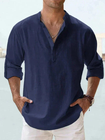 Camicia leggera in lino per uomo con colletto alto – Camicia a maniche lunghe traspirante per vita quotidiana e estate