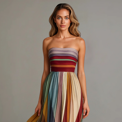 Abito Maxy Plissettato per Donna – Vestito Estivo Senza Spalline con Gradiente di Colore e Silhouette Fluttuante