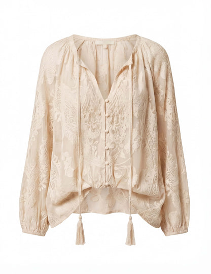 Blusa Boho con ricamo per donne – Blusa leggera a maniche lunghe con scollatura a V e frange