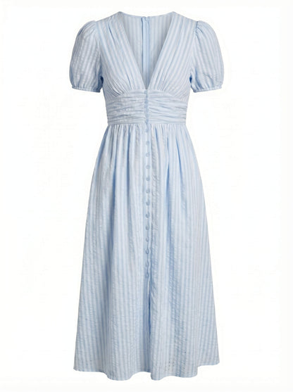 Abito Midi Elegante per Donne – Vestito Estivo con Scollatura a V, Maniche a Palloncino e Vita Sottolineata
