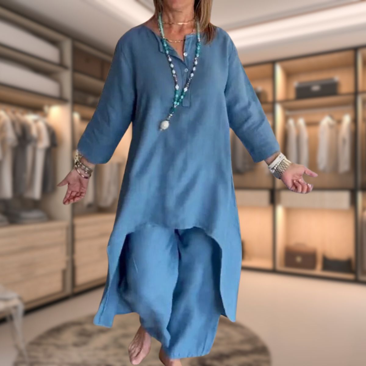Ambrélya - Ensemble di Comfort Doppio per Donna: Abito Camicia con Maniche a Tre Quarti e Pantaloni Comodi Monocromatici