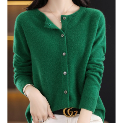 Bérélie - Cardigan da donna con scollo a barca in pura lana merino, stile cashmere, monocolore