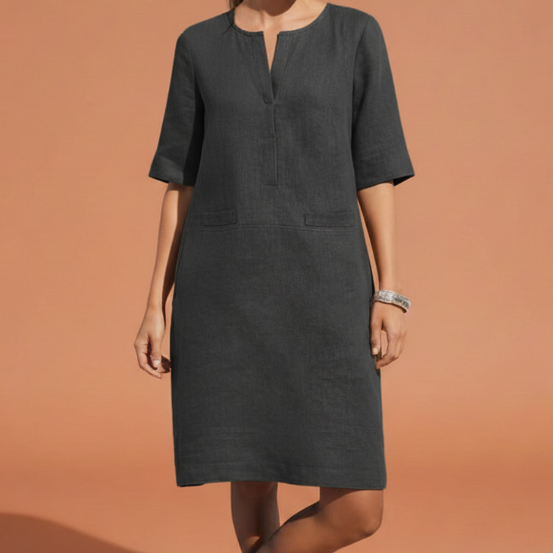 Vestito in lino semplice per donne – Abito estivo leggero con maniche a metà e scollo a V