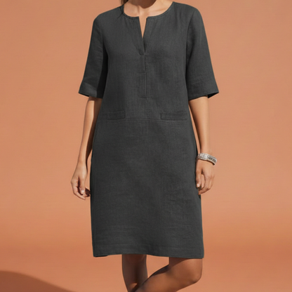 Vestito in lino semplice per donne – Abito estivo leggero con maniche a metà e scollo a V