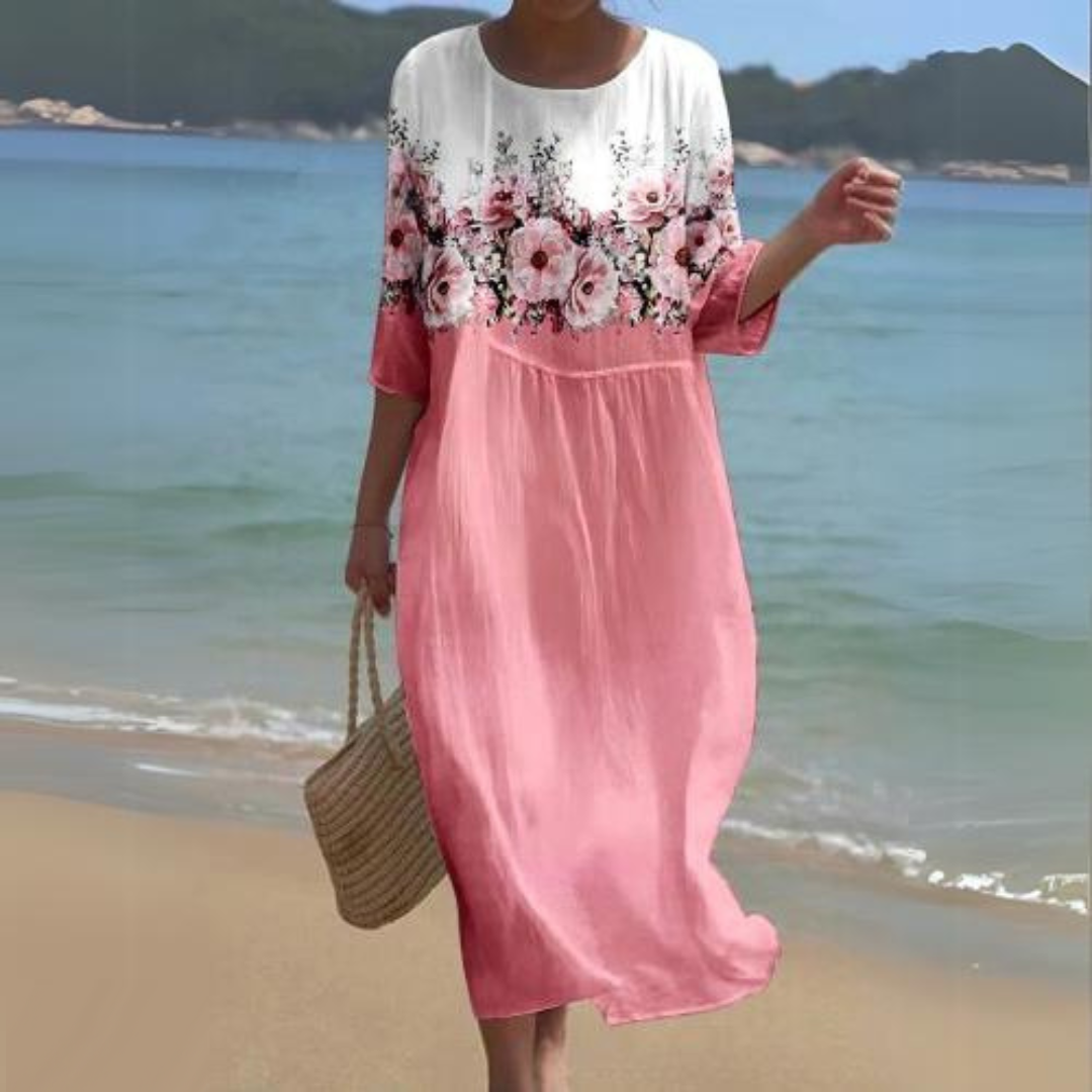 Briselle - Abito Maxy Elegante e Leggero con Stampa Floreale e Maniche a Tre Quarti