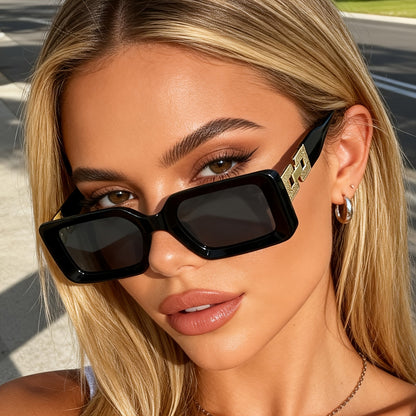 Occhiali da sole rettangolari di lusso per donne con dettagli dorati – Protezione UV400 e stile rétro elegante