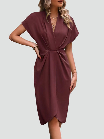 Abito midi aderente con drappeggio – Elegante vestito con scollo a V per donne