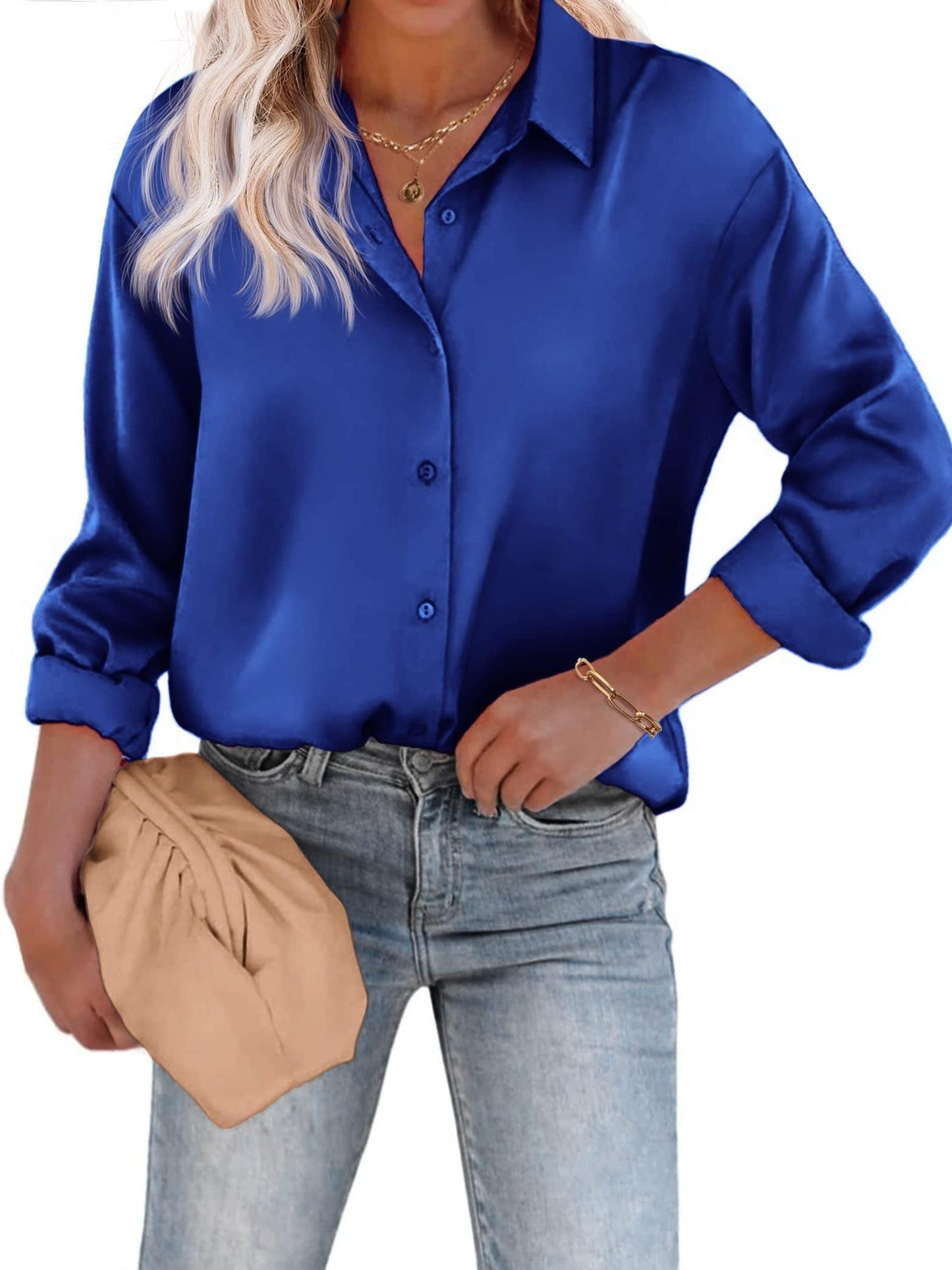 Amélina - Blusa leggera in satin colorato con bottoni e maniche lunghe