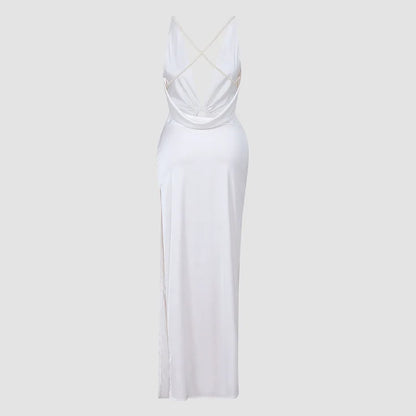 Marivelle - Elegante Abito in Satin Bianco con Schiena Scoperta, Dettagli in Perle, Profondo Scollatura a V e Spacco Laterale