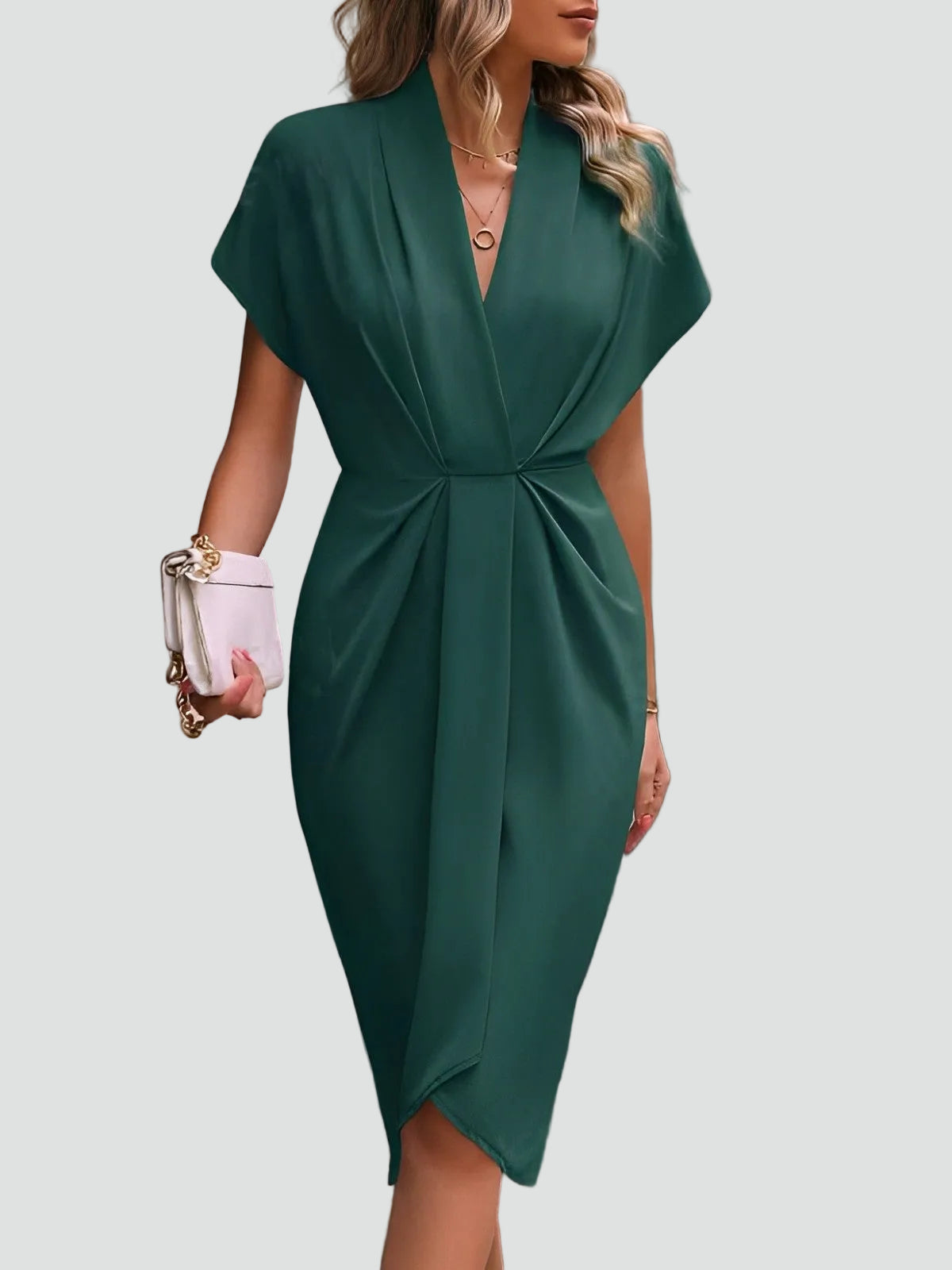 Abito midi aderente con drappeggio – Elegante vestito con scollo a V per donne