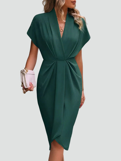 Abito midi aderente con drappeggio – Elegante vestito con scollo a V per donne