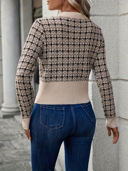 Elegante cardigan con motivo tweed e bottoni dorati per donne – Classico chic