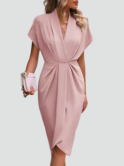 Abito midi aderente con drappeggio – Elegante vestito con scollo a V per donne
