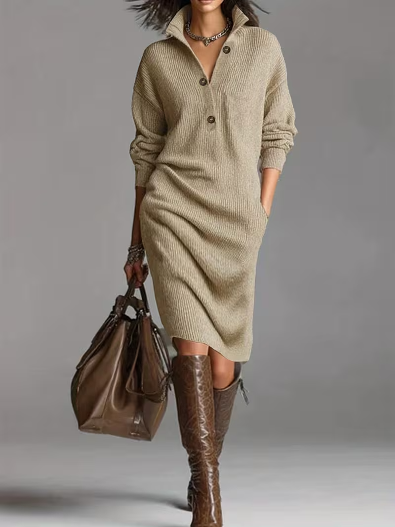 Elva - Abito camicia midi in morbida e comoda lana per donne, alla moda, con maniche lunghe e colletto a bottoni, ideale per la primavera