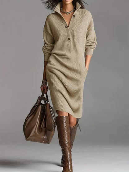 Elva - Abito camicia midi in morbida e comoda lana per donne, alla moda, con maniche lunghe e colletto a bottoni, ideale per la primavera