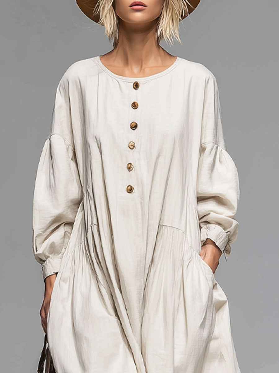 Abito midi con bottoni per donna – Vestito boho morbido con maniche a palloncino e tasche pratiche