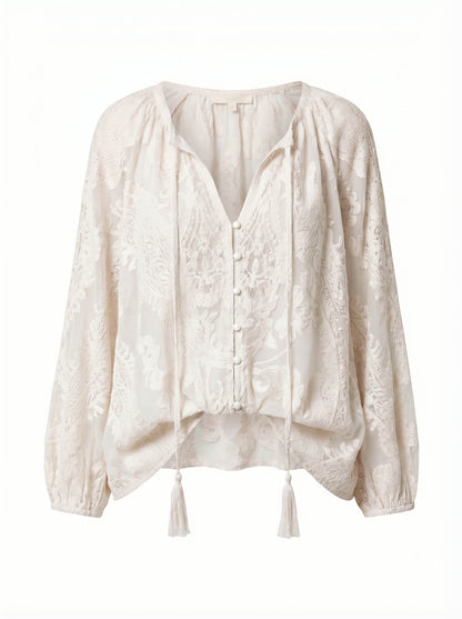 Blusa Boho con ricamo per donne – Blusa leggera a maniche lunghe con scollatura a V e frange