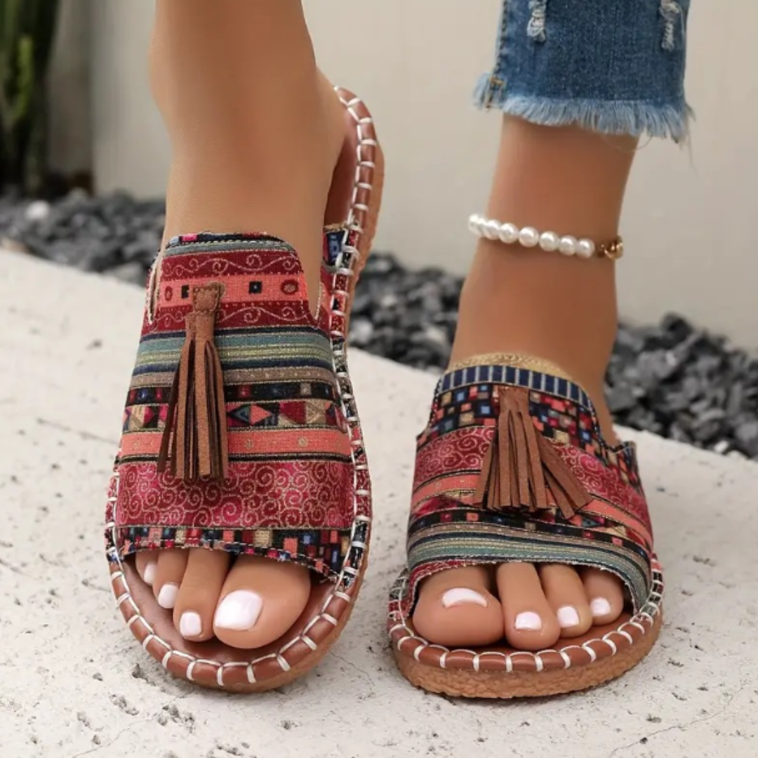 Sandali Boho con Frange per Donna – Comode Ciabatte Estive con Stampa Ethno