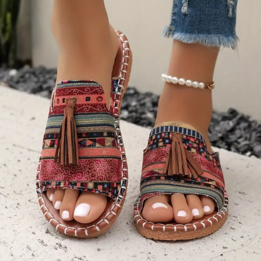 Sandali Boho con Frange per Donna – Comode Ciabatte Estive con Stampa Ethno