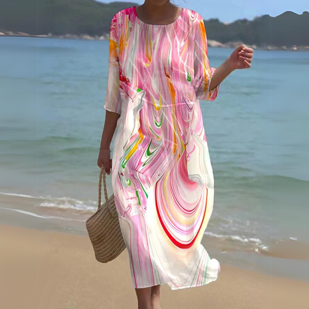 Briselle - Abito Maxy Elegante e Leggero con Stampa Floreale e Maniche a Tre Quarti