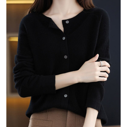 Bérélie - Cardigan da donna con scollo a barca in pura lana merino, stile cashmere, monocolore