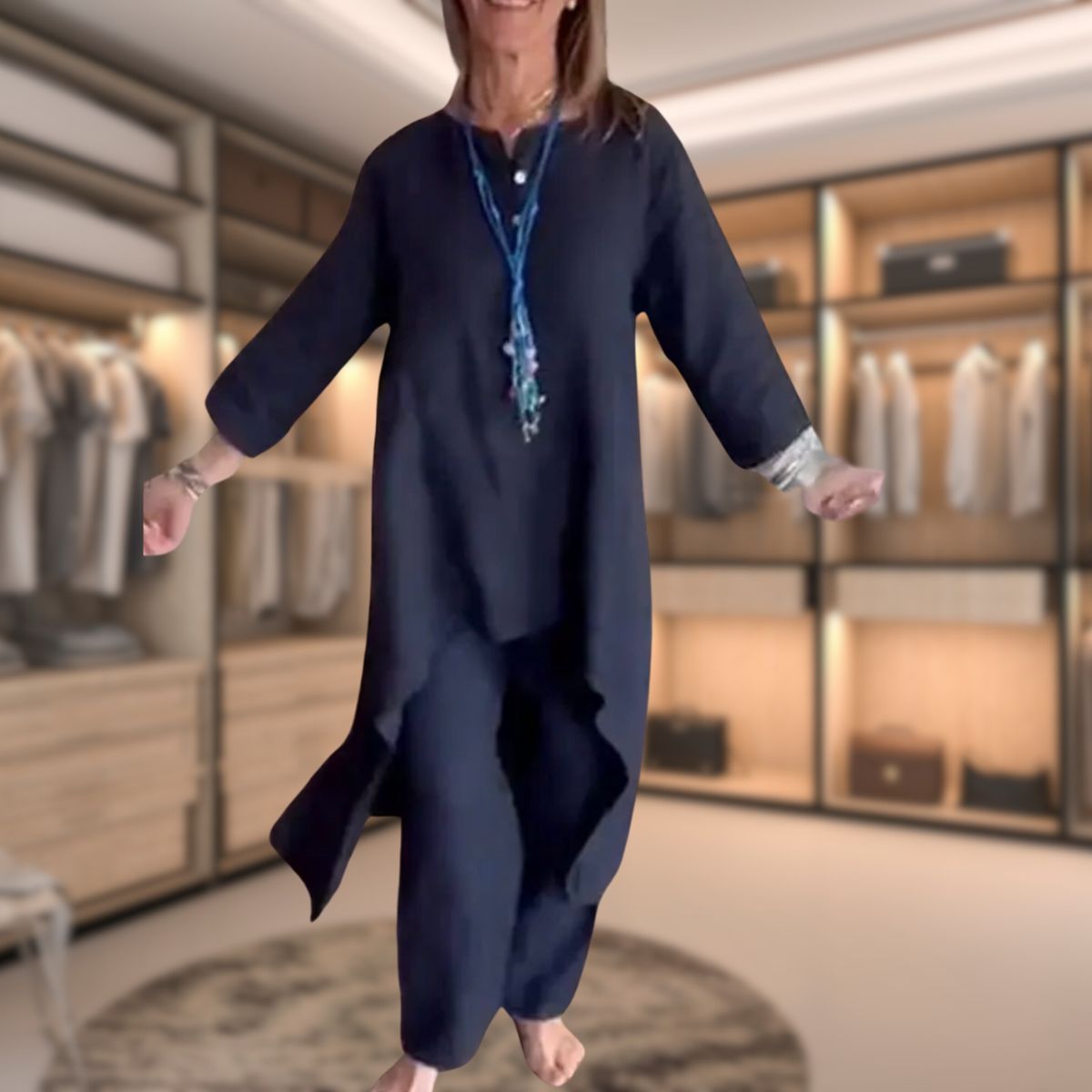 Ambrélya - Ensemble di Comfort Doppio per Donna: Abito Camicia con Maniche a Tre Quarti e Pantaloni Comodi Monocromatici