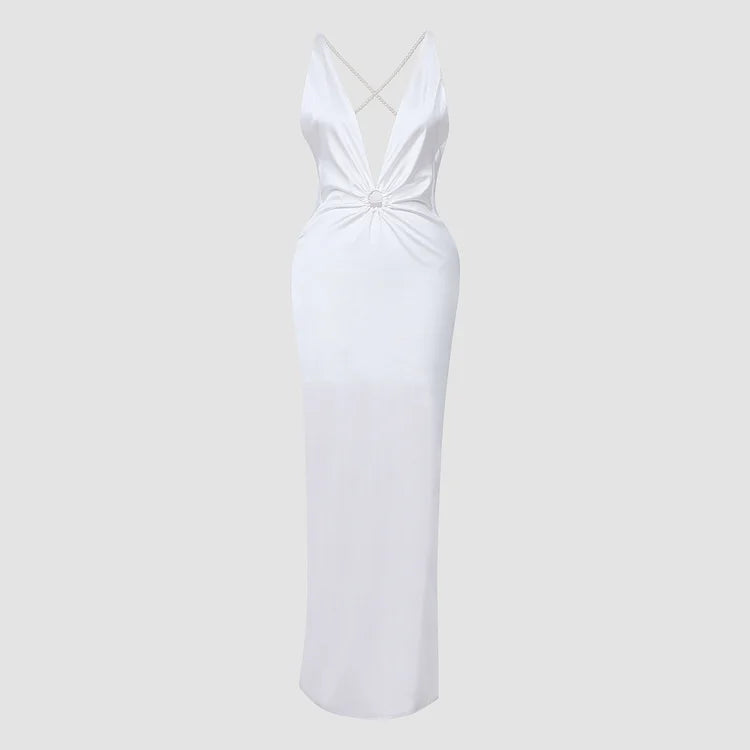 Marivelle - Elegante Abito in Satin Bianco con Schiena Scoperta, Dettagli in Perle, Profondo Scollatura a V e Spacco Laterale