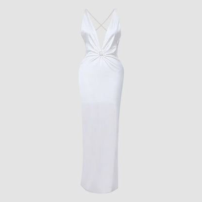 Marivelle - Elegante Abito in Satin Bianco con Schiena Scoperta, Dettagli in Perle, Profondo Scollatura a V e Spacco Laterale
