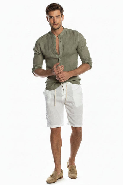 Camicia di lino casual con colletto alto per uomini – Camicia a maniche lunghe traspirante, elegante e comoda