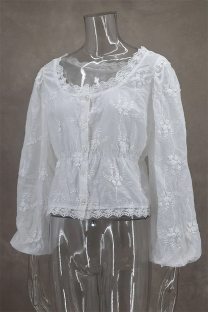 Joséphine - Blusa Primavera Bohemien Romantica in Pizzo con Maniche Lunghe e Dettagli Floreali per Donne