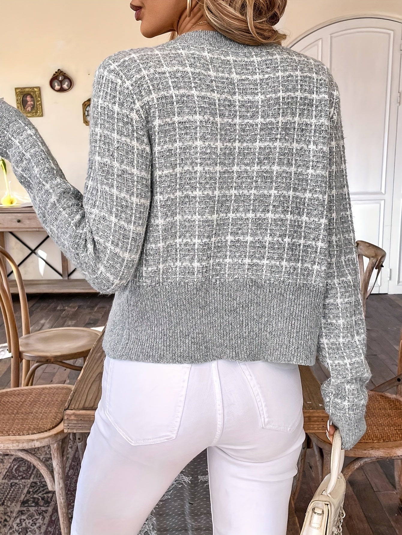 Elegante cardigan con motivo tweed e bottoni dorati per donne – Classico chic